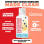 A cough medicine bottle splits in half; the left lists artificial additives in leading brands, while the right, labeled GENEXA Daytime Cough & Chest Congestion + Nighttime Cold & Flu Severe Combo Pack, claims Always 0% artificial additives. Made Clean.