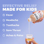 A hand pours GENEXA Kids Pain and Fever medicine into a dosing cup. The text reads: Effective relief for children—Fever, Headache, Toothache, Sore Throat, Aches & Pains. Blue background.