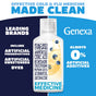 An image shows a split medicine bottle: left lists artificial ingredients in other brands, right highlights GENEXA Daytime & Nightime Severe Cold & Flu Combo Pack with “0% artificial additives” for adults, next to blueberries and liquid.
