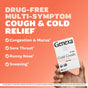 A hand holds a GENEXA Cold Crush box against an orange background. Text highlights: Drug-free, multi-symptom adult cold medicine for congestion, sore throat, runny nose, and sneezing.