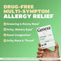 A hand holds a GENEXA Allergy Care box against a green background. Large text reads Drug-Free Multi-Symptom Allergy Relief for adults, with checkmarks for sneezing, itchy eyes, nasal congestion, and itchy nose/throat.