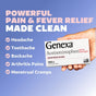 A hand holds a box of GENEXA Acetaminophen Extra Strength 100 CT against a purple background, with text showing pain and fever relief for headaches, backaches, arthritis pain, and menstrual cramps.