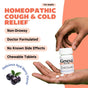 A hand holds a GENEXA Cold Crush bottle and tablet. Text highlights: adult cold medicine, homeopathic cough & cold relief for adults, non-drowsy, doctor formulated, no known side effects, chewable tablets with açaí berry flavor. Açaí berries are shown.