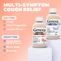 Two bottles of GENEXA Kids Daytime & Nighttime Combo Pack are shown. Benefits listed: daytime—relieves cough, chest congestion, loosens mucus; nighttime—soothes cough, runny nose, and sneezing. Peach background with blue and white accents.