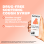 A hand holds a box of GENEXA Kids Honey Cough Syrup, a drug-free remedy for children that soothes coughs and supports immunity. The peach-colored background adds a gentle touch.