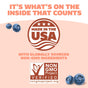 Graphic with text "It's what's on the inside that counts," featuring a Made in the USA with globally sourced non-GMO ingredients badge, Non-GMO Project Verified logo, and blueberries. GENEXA Cough & Chest Congestion dietary supplement for adults.