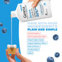 A hand pours GENEXA Daytime Severe Cold & Flu medicine into a cup. Acetaminophen, dextromethorphan HBr, and natural ingredients are highlighted, making it a great daytime choice for adults on a clean white-blue background with blueberries.