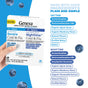A hand holds a GENEXA Daytime & Nightime Severe Cold & Flu Combo Pack. The background highlights daytime and nighttime ingredients with blueberries, emphasizing “Made with Good Ingredients Plain and Simple” for effective relief.