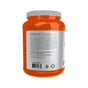 A NOW Foods Pea Protein orange plastic supplement container with a gray lid is shown from the back, featuring white and purple labels detailing post-workout nutrition benefits, suggested use, non-GMO protein ingredients, and other product info.