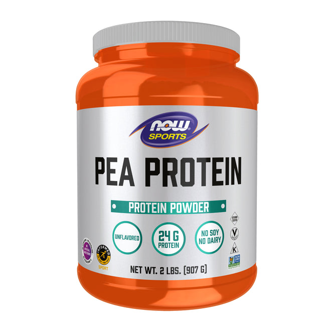 A 2 lb (907 g) orange container of NOW Foods Pea Protein, unflavored, with 24g non-GMO protein per serving, no soy or dairy, and various certification icons on the front.