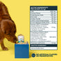 A brown dog sniffs a container of Radius OralPro+ Pet Dental & Gut Powder for Dogs & Cats. The label lists active ingredients per scoop, such as kelp, brewers yeast, probiotics, and rosemary extract. Text below states that the product contains no artificial flavors or preservatives.