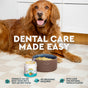 A golden retriever sits on a rug next to a bowl of food and a container of Radius OralPro+ Pet Dental & Gut Powder for Dogs & Cats. Text reads Dental Care Made Easy with icons showing simple use and natural vanilla flavor.