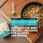 A food bowl containing kibble and OralPro+ Pet Dental & Gut Powder for Dogs & Cats, a scoop, and a guide displaying daily scoop amounts based on dog size. The supplement jar is labeled Radius OralPro+ Pet Dental & Gut Powder. Text highlights daily use for all sizes and breeds.