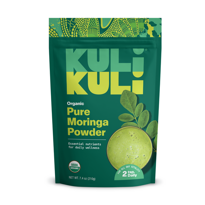 A green and turquoise pouch labeled Kuli Kuli Foods Pure Moringa Organic Superfood Powder shows moringa powder and leaves, features USDA organic certification, notes plant protein benefits, and recommends using 2 teaspoons daily.