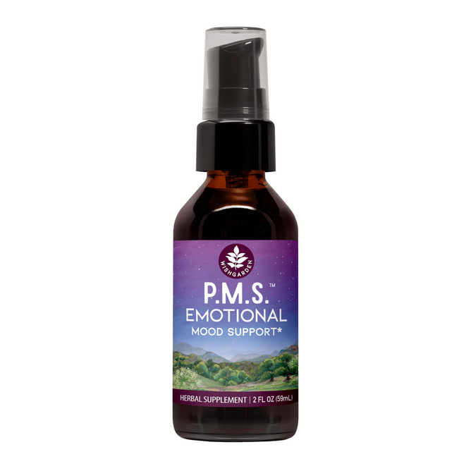A 2 fl oz (59 mL) brown spray bottle of WishGarden Herbs PMS Emotional features a purple cap and scenic landscape label, providing herbal mood support.
