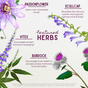 Botanical drawings of passionflower, skullcap, vitex, and burdock are each labeled for calming, mood support, or liver benefit. Featured Herbs is centered in this WishGarden Herbs PMS Emotional supplement design.