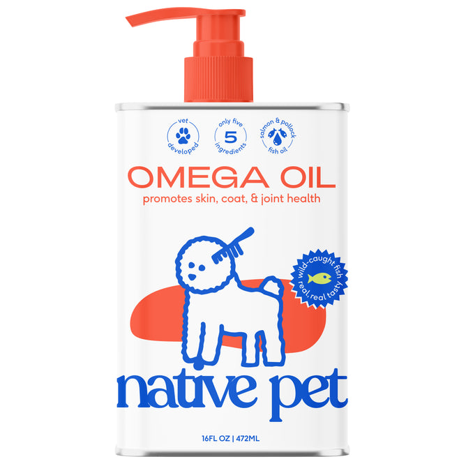 Native Pet Omega Oil Topper & Supplement for Dogs comes in a 16 fl oz metal bottle with an orange pump, blue and orange accents, cartoon dog, and highlights benefits. It contains Omega-3 from Alaskan wild-caught salmon.
