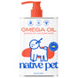 Native Pet Omega Oil Topper & Supplement for Dogs comes in a 16 fl oz metal bottle with an orange pump, blue and orange accents, cartoon dog, and highlights benefits. It contains Omega-3 from Alaskan wild-caught salmon.