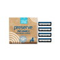 A pack of Preserve Shave 5 Replacement Blades—eco-friendly razor cartridges designed for the Shave 5 and POPi Shave 5 handles—containing four cartridges displayed beside a brown and blue box marked with compatibility for all Preserve shave handles.