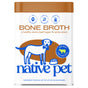A white container of Native Pet Beef Bone Broth Topper for Dogs, with a blue dog illustration, food bowl, and text noting vet developed, 2 simple ingredients, collagen-rich formula, and made with grass-fed beef.