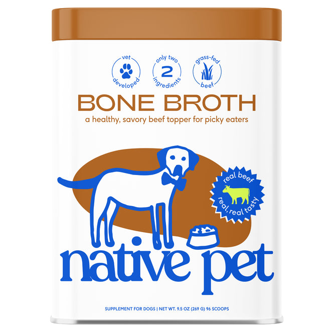 A container of Native Pet Beef Bone Broth Topper for Dogs, with a bowtie dog and food bowl illustration. Labels highlight its vet-developed formula, grass-fed beef for picky eaters, and joint strength support.
