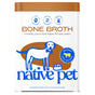 A container of Native Pet Beef Bone Broth Topper for Dogs, with a bowtie dog and food bowl illustration. Labels highlight its vet-developed formula, grass-fed beef for picky eaters, and joint strength support.