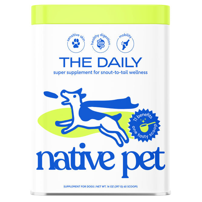 A white container of Native Pet The Daily Multivitamin for Dogs features a blue leaping dog with a cape and text highlighting benefits for sensitive skin, gut health, immune support, digestion, and mobility.