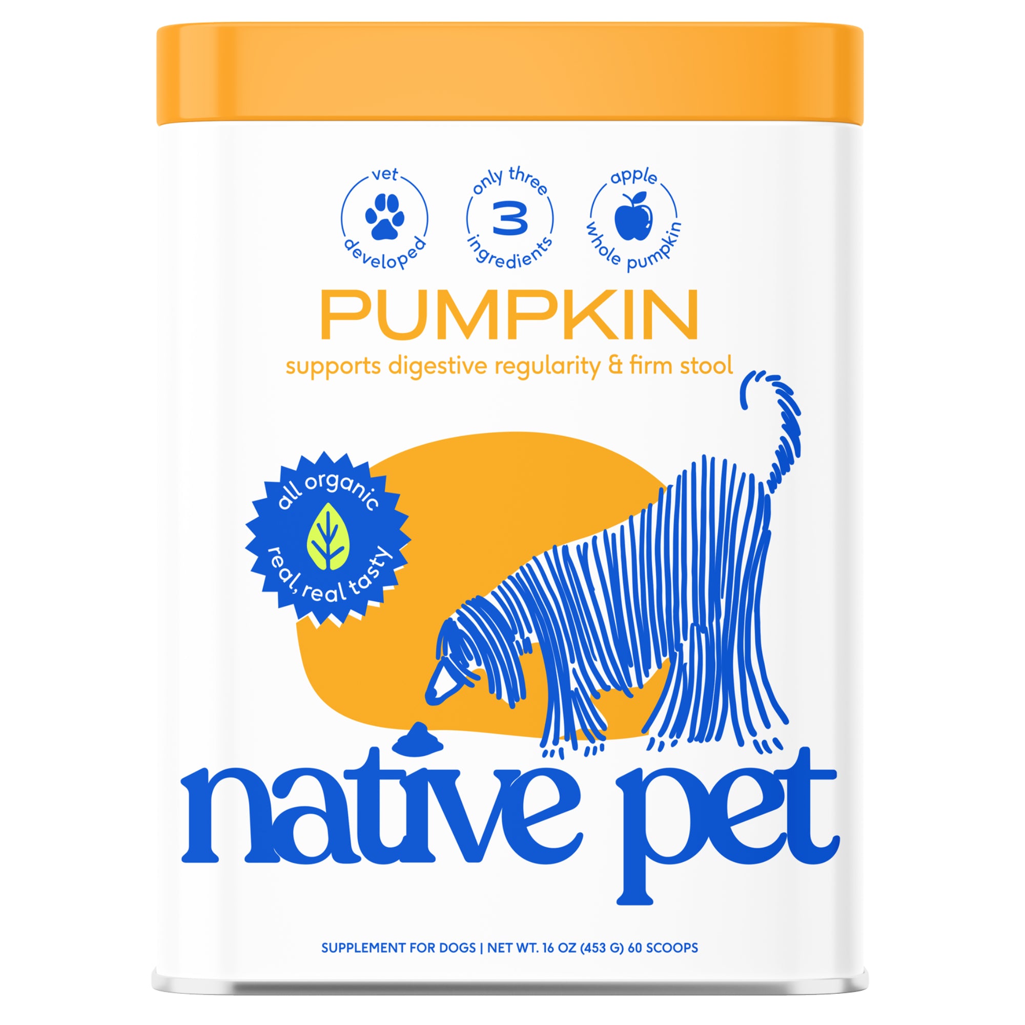 A white and orange container of Native Pet Organic Pumpkin Powder Topper for Dogs, featuring a blue dog illustration and text highlighting digestive health support with high-fiber organic pumpkin and only three simple ingredients.