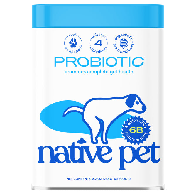 A white container of Native Pet Probiotic Digestive Supplement for Dogs, featuring a blue dog illustration and labels noting vet developed, 4 ingredients, and 6B probiotics for gut health. The 8.2 oz (232g) container offers 60 scoops.