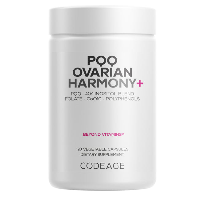A white bottle labeled PQQ Ovarian Harmony+ by Codeage contains 120 vegetable capsules with a myo-inositol blend, folate, CoQ10, polyphenols, and a PQQ supplement to support ovarian harmony.