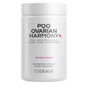 A white bottle labeled PQQ Ovarian Harmony+ by Codeage contains 120 vegetable capsules with a myo-inositol blend, folate, CoQ10, polyphenols, and a PQQ supplement to support ovarian harmony.