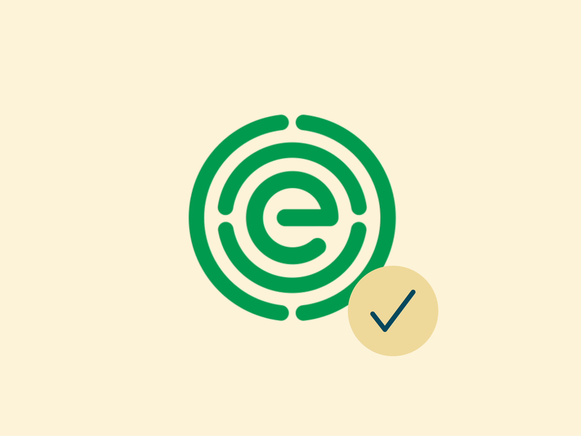 A green circular maze with the letter e in the center, next to a beige circle containing a blue check mark, on a light beige background.