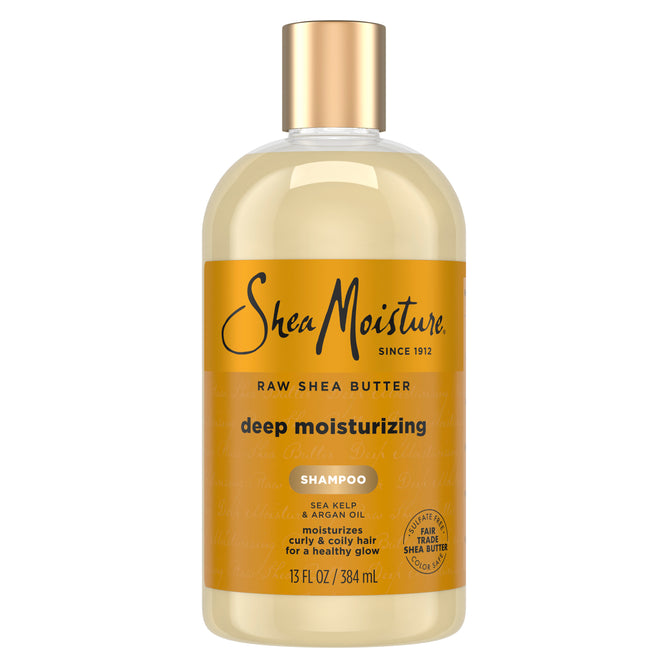 A 13 fl oz (384 ml) bottle of SheaMoisture Shampoo - Moisture Retention features a golden label highlighting sea kelp and argan oil. This sulfate-free shampoo deeply nourishes and hydrates hair, leaving it healthy and vibrant.