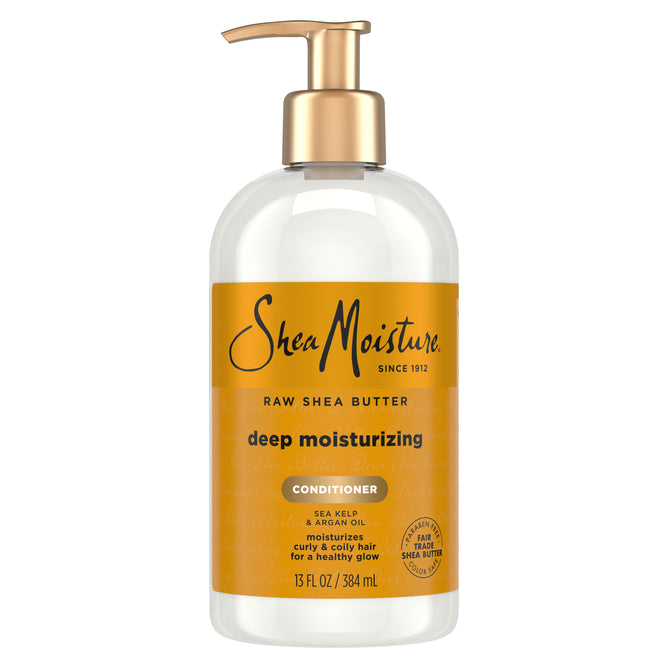 A clear pump bottle of SheaMoisture Conditioner - Deep Moisturizing, featuring a gold label and cap, contains 13 fl oz (384 ml) and is ideal for nourishing and hydrating dry hair.