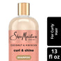 A 13 fl oz bottle of SheaMoisture Shampoo - Curl + Shine features a gold cap and a peach label. Specially formulated by SheaMoisture for frizz control, this shampoo is ideal for enhancing shine and definition in curly hair. The label clearly indicates that it’s designed specifically for curls and highlights the convenience of its bottle design.