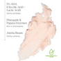 A smear of light pink cream appears beside text highlighting key ingredients—5% AHA (with glycolic acid and lactic acid), pineapple and papaya enzymes, and jojoba beads—as well as the benefits of Andalou Naturals Resurfacing Gentle Glycolic Scrub, accompanied by a green Dermatologically Tested icon.