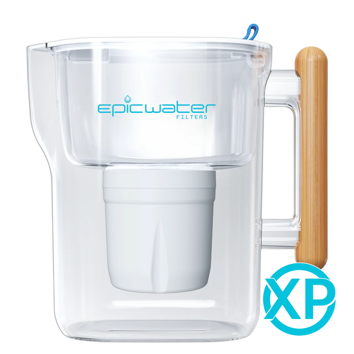 Introducing the Pure XP Water Filter Pitcher by Epic Water Filters USA: a clear pitcher with a wooden handle and the Epic Water Filters logo, equipped with a large NSF certified filter for effective reduction of PFAS. A blue XP icon appears in the bottom right corner.