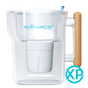 Introducing the Pure XP Water Filter Pitcher by Epic Water Filters USA: a clear pitcher with a wooden handle and the Epic Water Filters logo, equipped with a large NSF certified filter for effective reduction of PFAS. A blue XP icon appears in the bottom right corner.