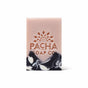 A rectangular Pacha Soap Co. Bar Soap features a pink top, black and white marbled bottom, and an engraved sunburst logo, blending natural exfoliants for a gentle cleanse.