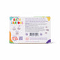 Back of a Pacha Soap Co. Bath Crayon box showing product info, directions, ingredients with natural colorants, and icons for non-toxic, vegan, palm oil free, and no animal testing. Text instructions and colorful geometric designs appear.