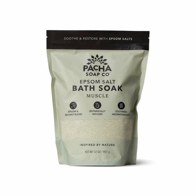 Pacha Soap Co. Muscle Epsom Salt Soak is a 32 oz (907 g) stand-up pouch with mineral-rich Epsom and sea salts, soothing aromatherapy, and a botanical infusion for muscle relief.