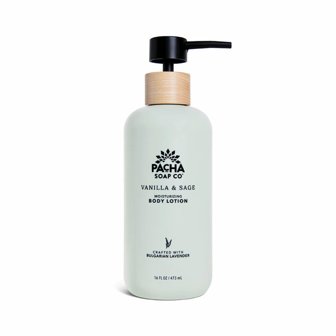 A 16 fl oz (473 mL) bottle of Pacha Soap Co. Body Lotion with a black pump and wooden collar, featuring vanilla & sage scent and crafted with Bulgarian lavender, hydrating coconut oil, and shea butter.