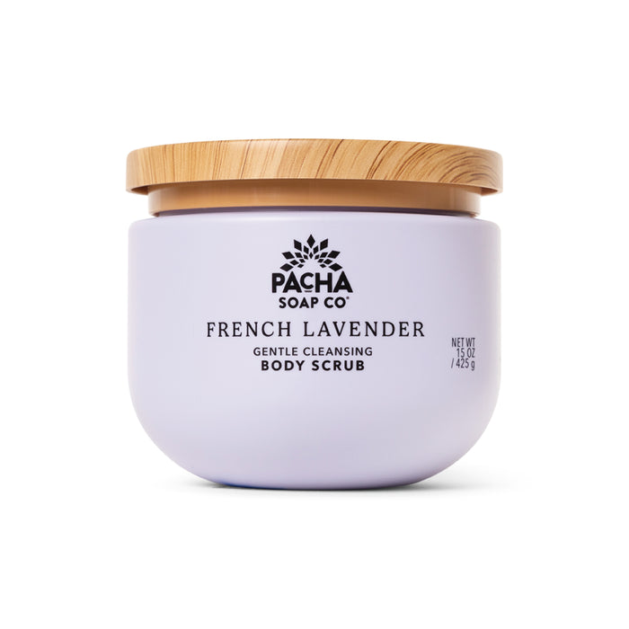 A lavender jar of Pacha Soap Co. Body Scrub with a whipped texture and light wooden lid is displayed against a white background.