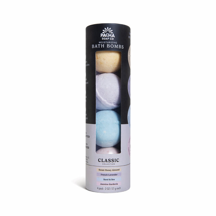 A cylindrical package of Pacha Soap Co. Froth Bomb, Pacha Peaces features four pastel-colored bath bombs stacked vertically and visible through a front clear window.