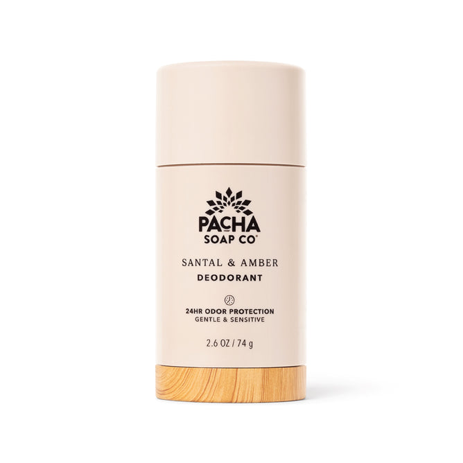 Pacha Soap Co. Deodorant is a beige cylindrical stick with a wooden base and black text, offering an aluminum-free option for those seeking natural underarm care.