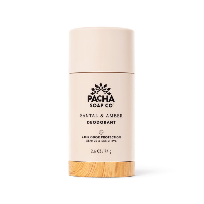 Pacha Soap Co. Deodorant is a beige cylindrical stick with a wooden base and black text, offering an aluminum-free option for those seeking natural underarm care.