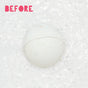 The Pacha Soap Co. Mystery Bath Bomb, white with a fruity scent, sits in foamy water and hints at a surprise color inside. "BEFORE" appears in bold pink letters at the top left.