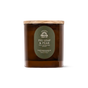 A brown amber glass jar soy coconut apricot candle with a wooden lid, labeled Pacha Soap Co. Fall Signature Candle, features house-designed Fig Leaf & Pear fragrance notes of pear, peppercorn, and musk. The plant-based wax blend ensures a clean-burning experience.