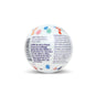 The Pacha Soap Co. Mystery Bath Bomb is a colorful, round bath bomb with polka dots that releases a surprise color and fruity scent. The clear label lists directions, cautions, and ingredients in black text on a white background.