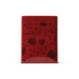 A red rectangular tin with a fitted lid, featuring black floral and leaf designs, houses the Orange & Yuletide Spice Tin Candle by Pacha Soap Co.—a festive addition displayed on a white background.